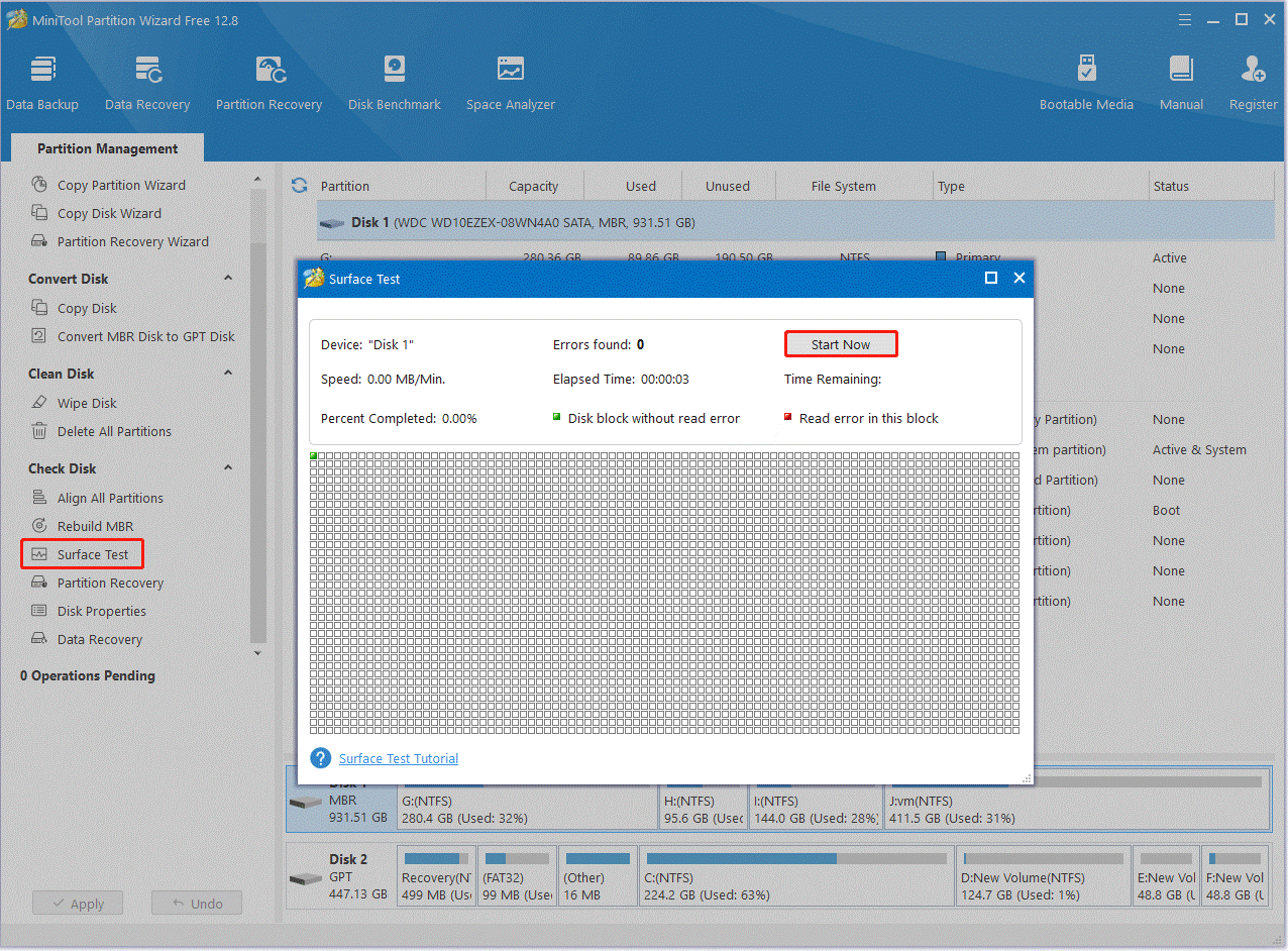 check SSD bad blocks using MiniTool