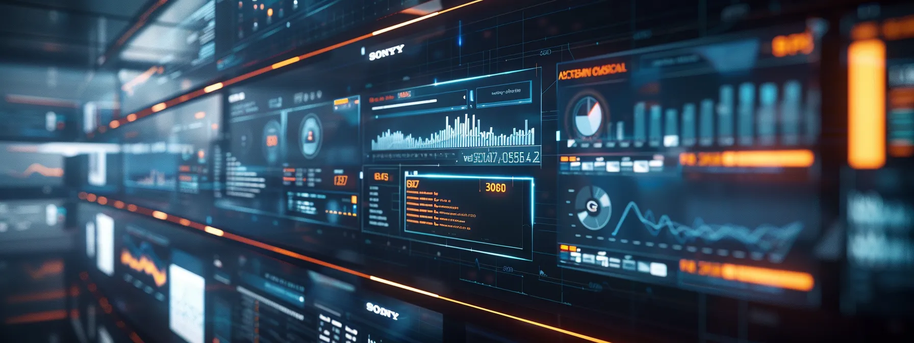 Graphs and data analysis shown in multiple monitors.