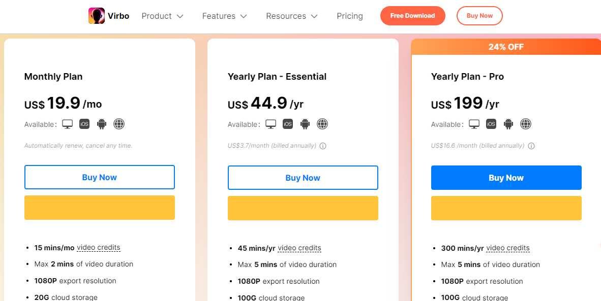 virbo price plans